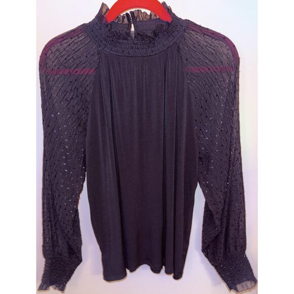 Ann Taylor Black Blouse WSheer Sleeve Metallic Dot Size Medium NWT Holiday Ready - Picture 3 of 8